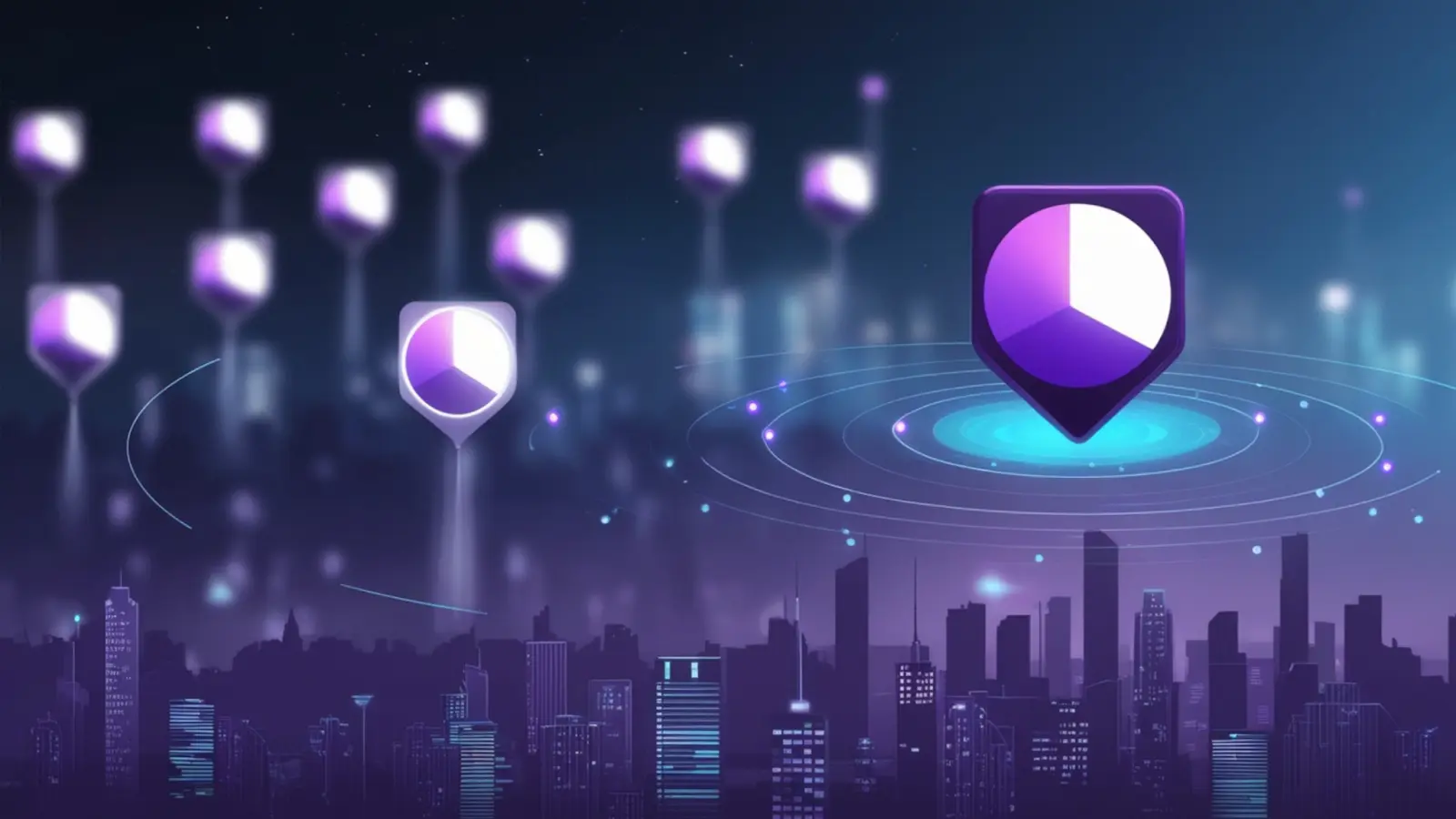 Purple data signal markers hovering above a city backdrop, symbolizing Outbound SDR strategy and segmented targeting