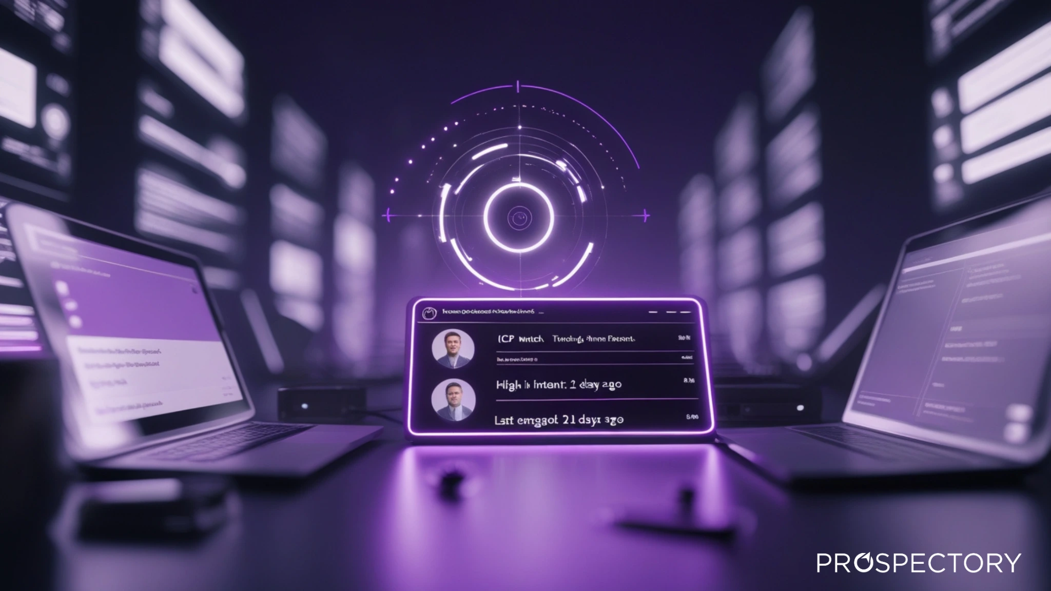 Purple SDR dashboard with radar above and ICP match, high intent, and engagement cards, illustrating Outbound SDR’s evolution since 2020
