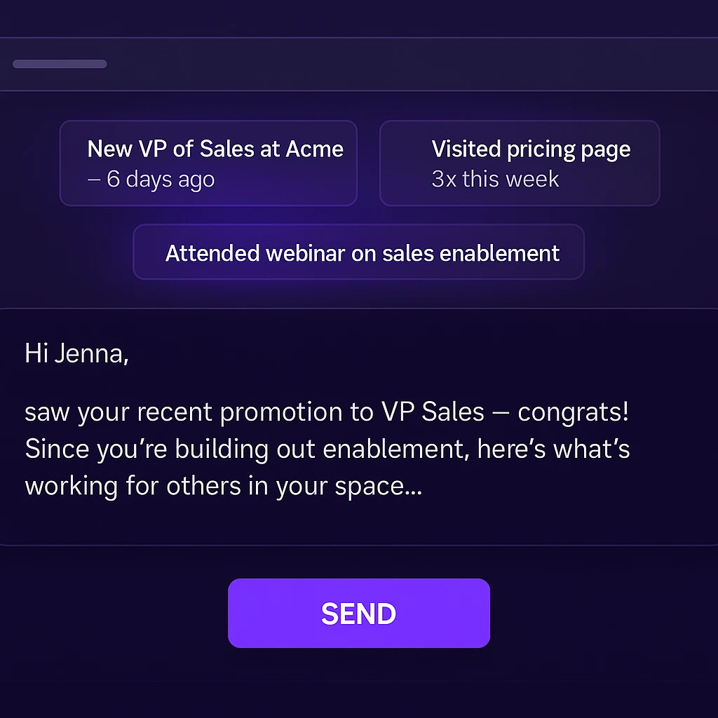 Prospectory UI showing buyer signals and a personalized outreach note to Jenna about her VP Sales promotion and engagement.
