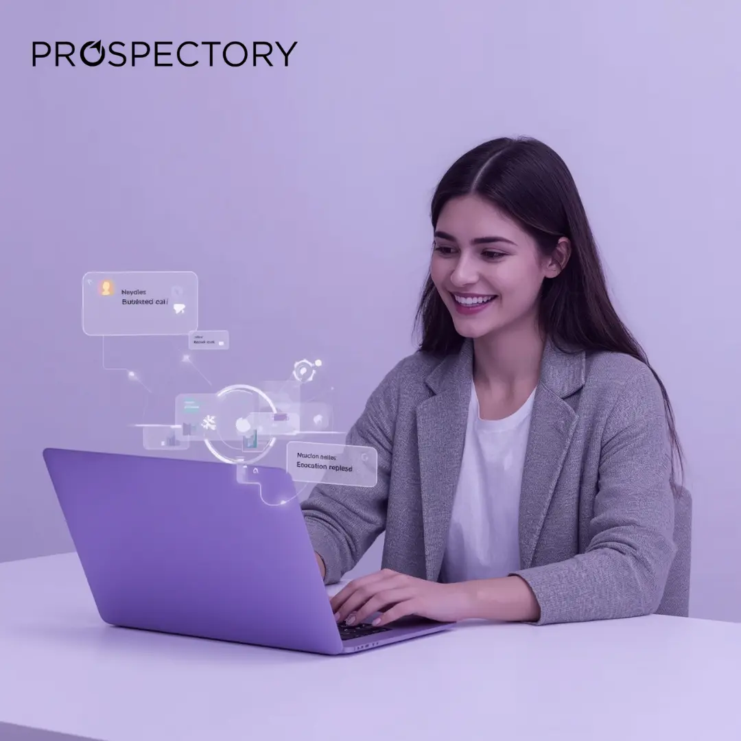 A sales professional using Prospectory to personalize outreach messages and track buyer engagement from her laptop.