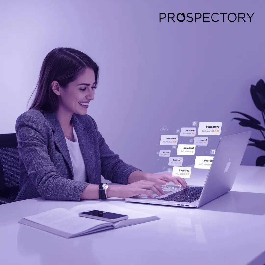 A sales professional using Prospectory to copy high-performing outreach tactics and track buyer signals from her laptop