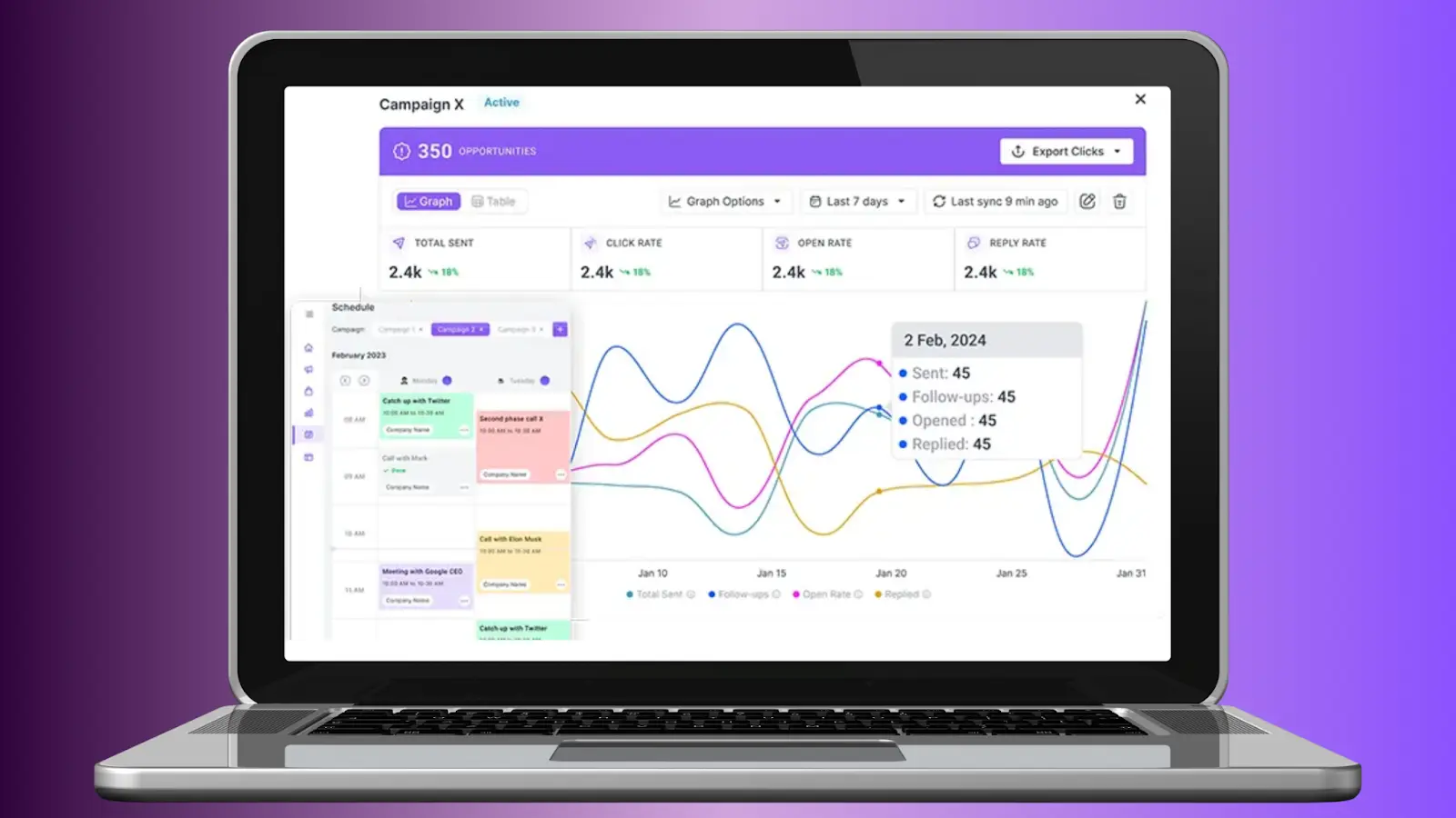 Prospectory email warm-up analytics dashboard showing send, follow-up, open, and reply rates with campaign scheduling