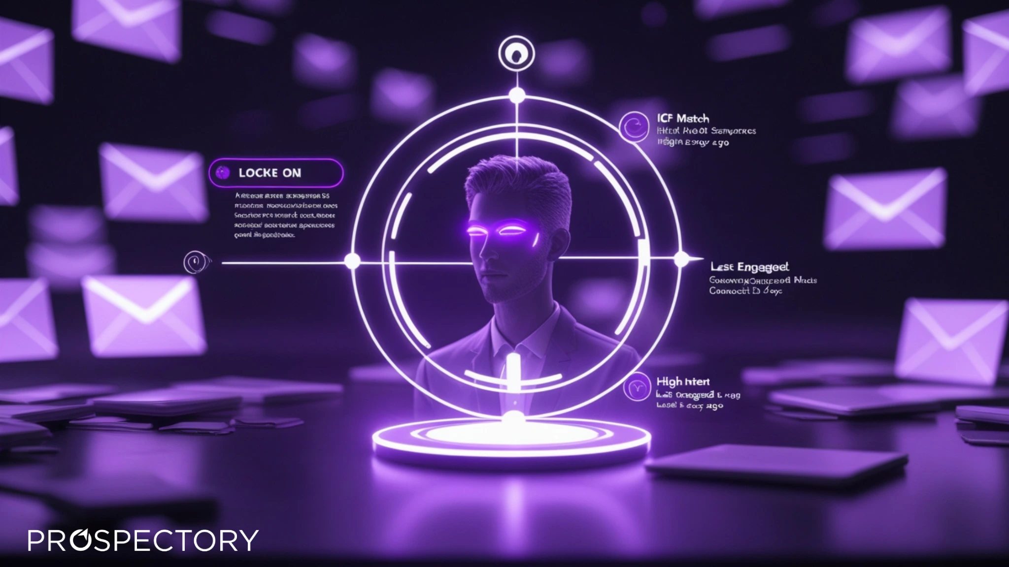 Purple holographic crosshair targeting a buyer with ICP match, high intent, and last engagement data, symbolizing buyer-led prospecting.