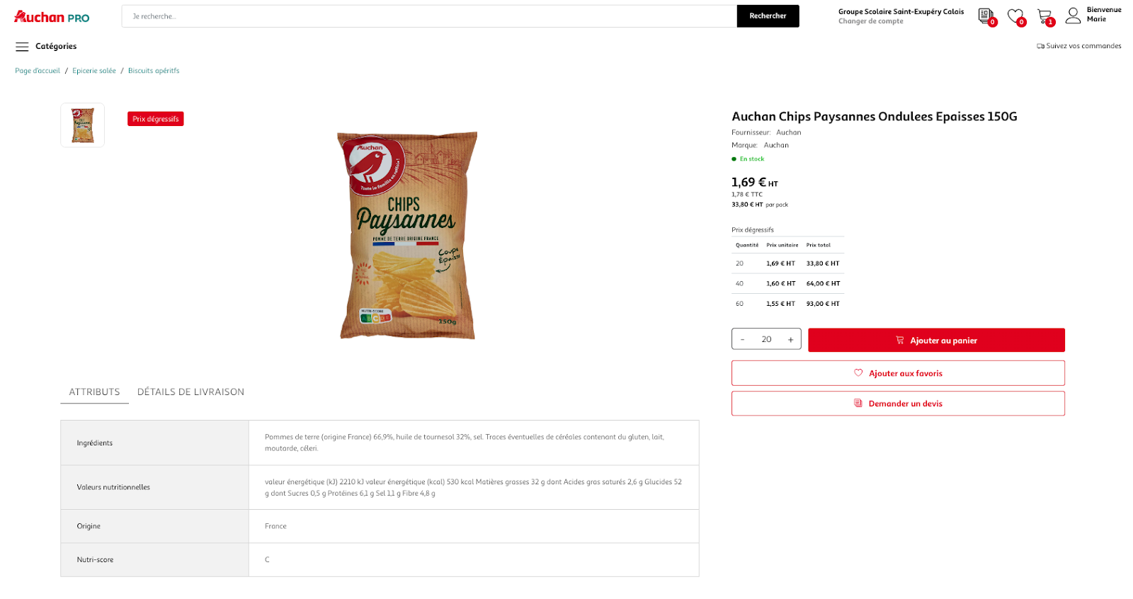 a product detail page from Auchan Pro B2B's website