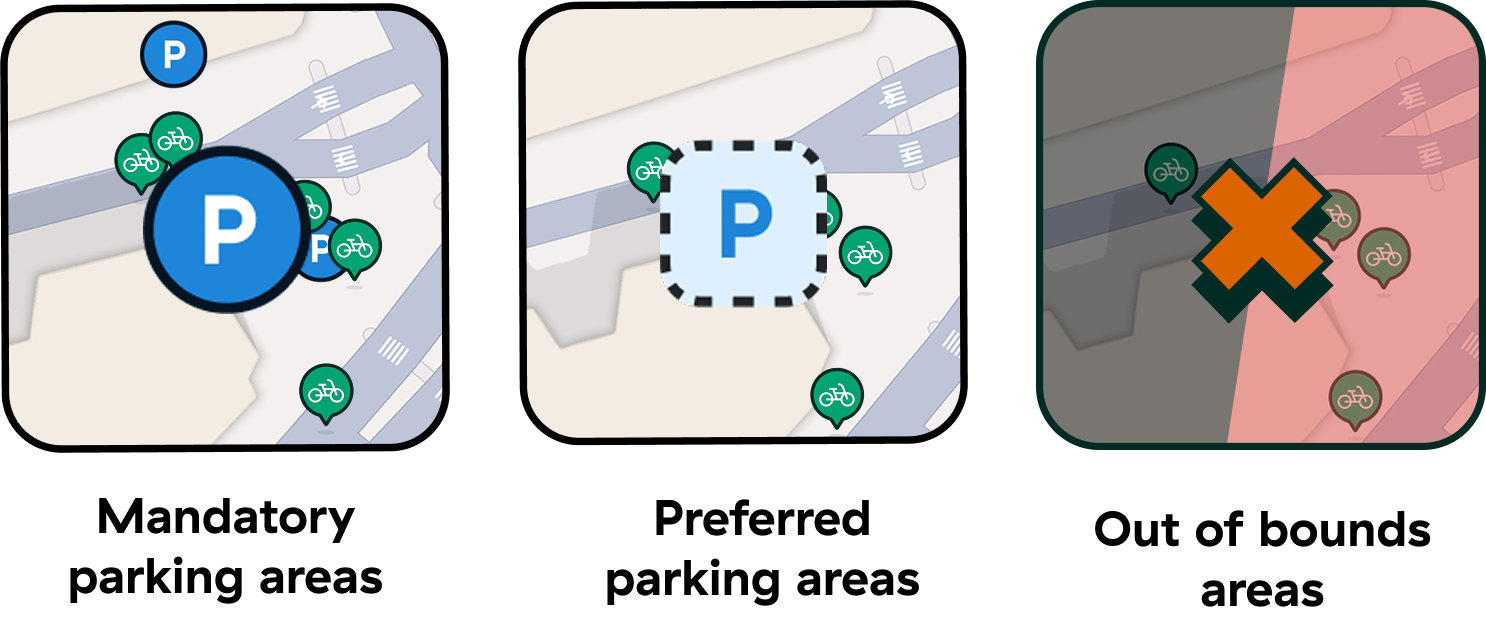 Icons for forest bike parking bays and service areas that riders will see in the forest app.