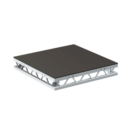 Square stage platform with a black top surface and a white metal truss frame base.