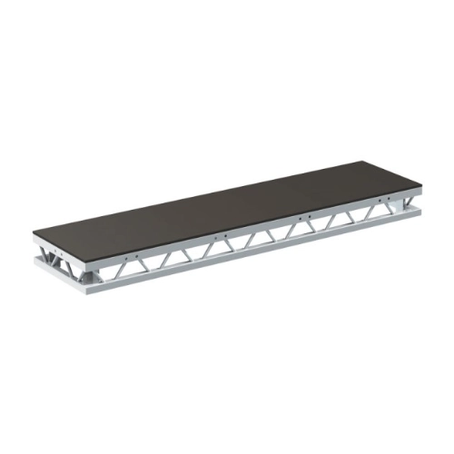 Rectangular stage platform with black top surface and silver metal truss frame underneath.