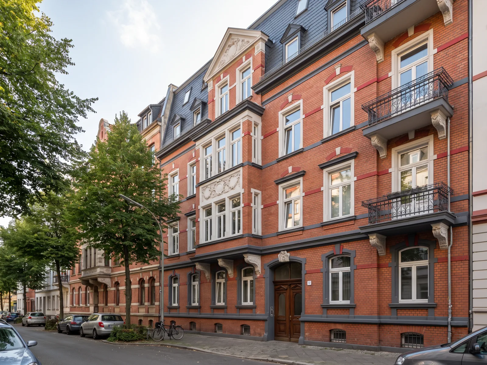 Altbau energetisch sanieren: Eine rote Ziegelfassade eines eleganten Altbaus mit vielen Fenstern und Balkonen an einem sonnigen Tag.