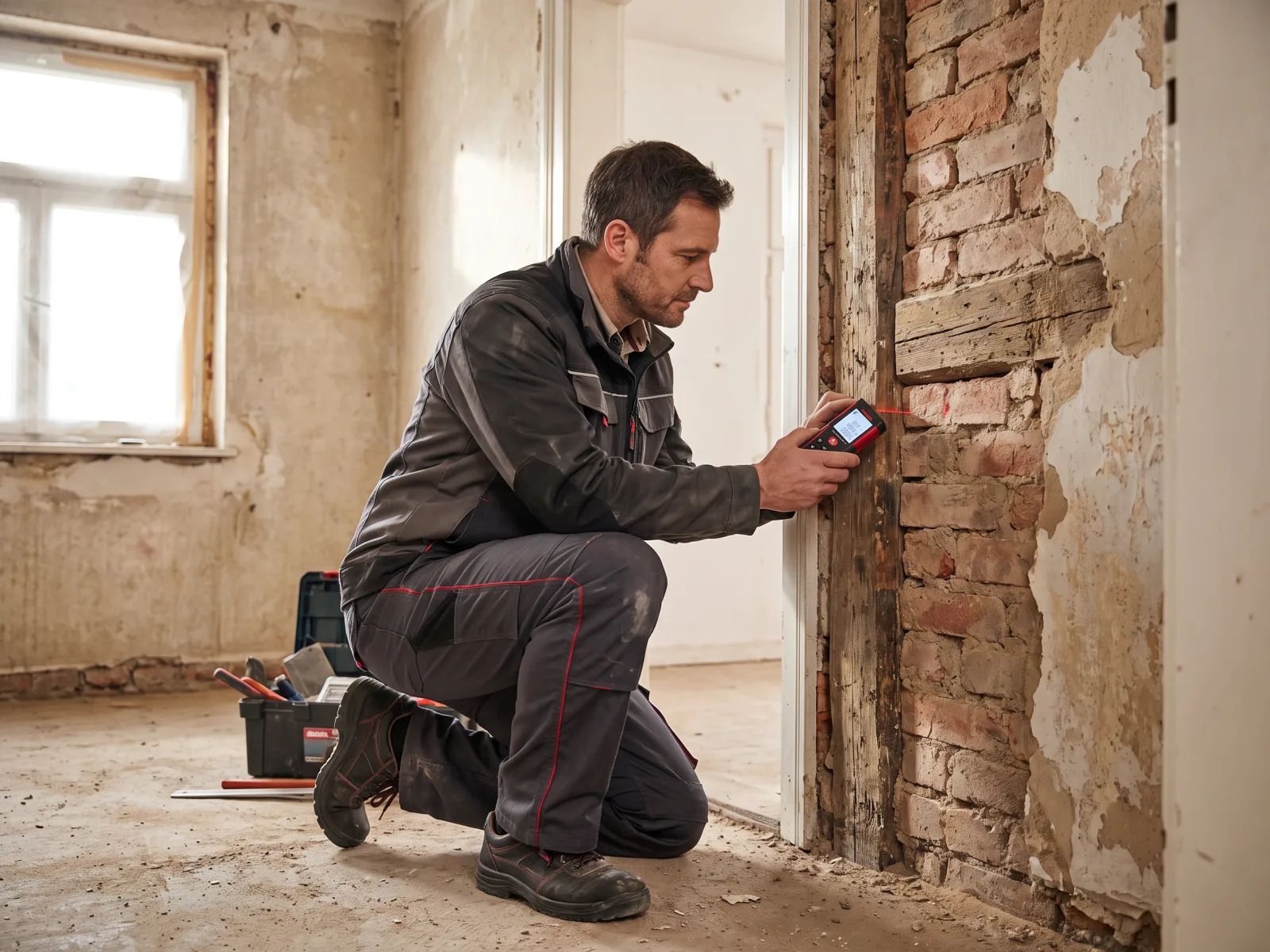 Ein Handwerker in Arbeitskleidung kniet und misst eine freigelegte Ziegelwand in einem Haus unter Modernisierung.