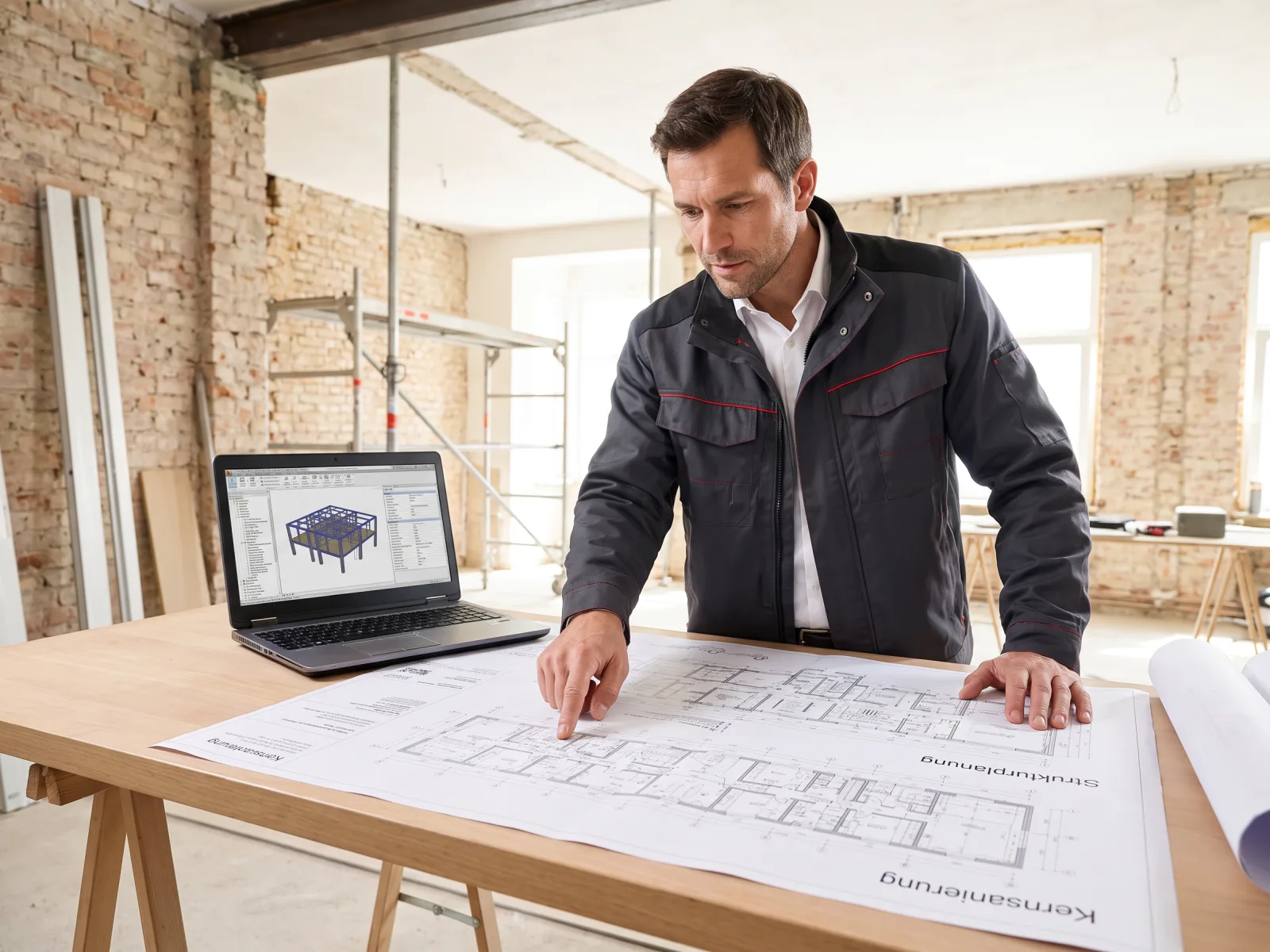 Ein Architekt oder Bauleiter prüft Baupläne und ein 3D-Modell auf einer Baustelle.