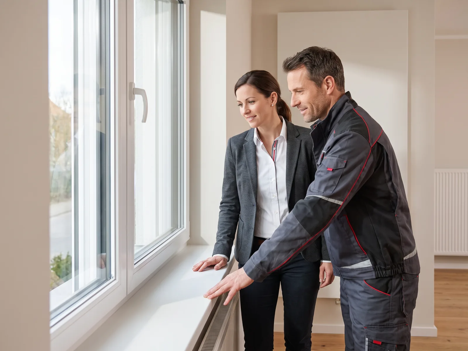 Ein Handwerker und eine Kundin begutachten ein neu installiertes Fenster bei einer Haussanierung.