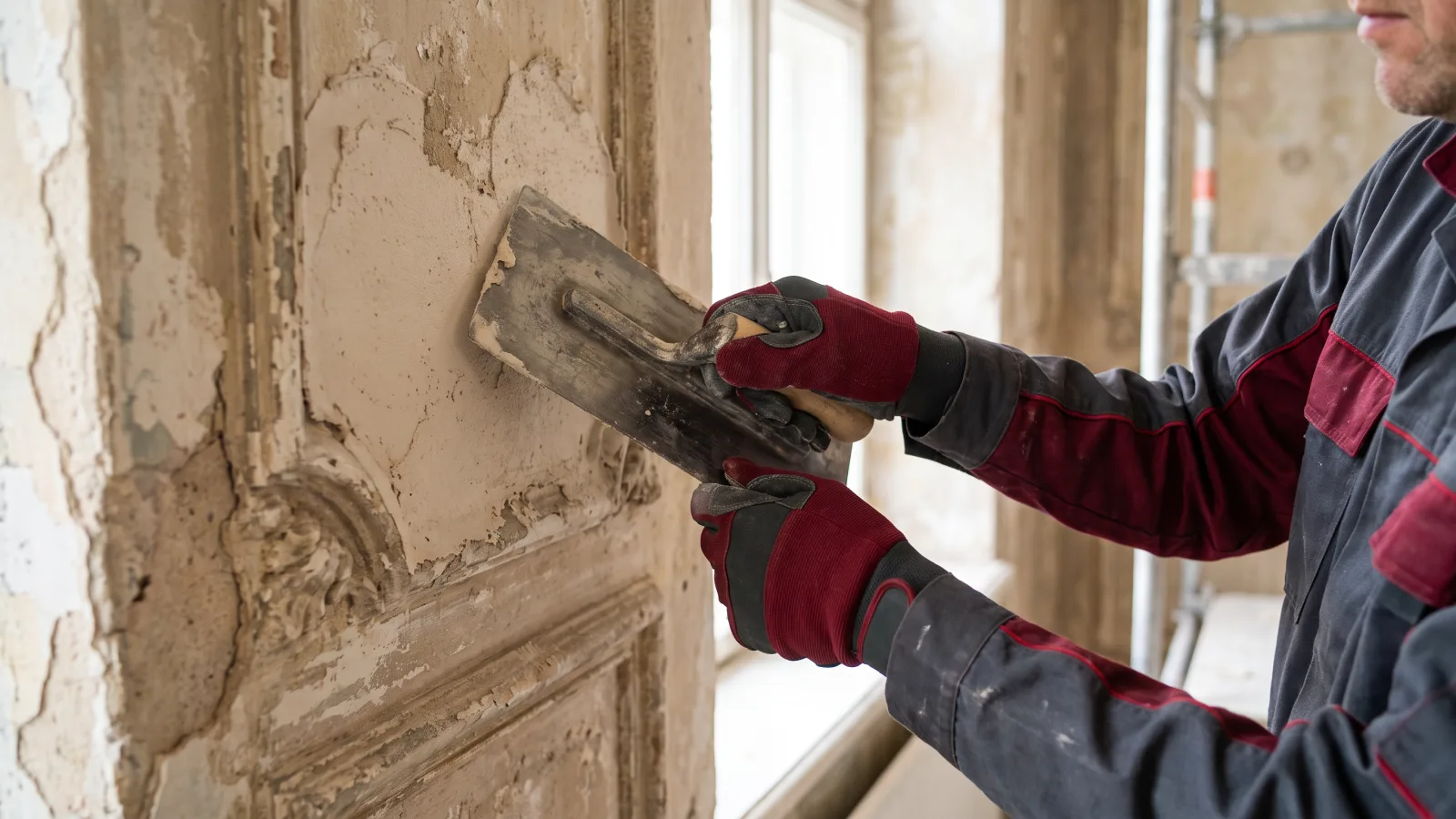 Ein Handwerker mit Handschuhen trägt Putz auf eine verzierte Wand auf, Symbol für hochwertige Denkmalpflege.