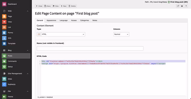 Adding Flockler‘s embed code to a TYPO3 website editor