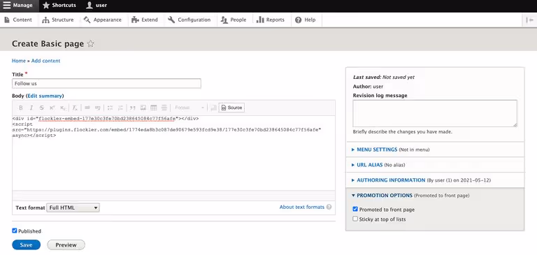 Embed Instagram feeds on Drupal: Add Flockler’s embed code to the page editor