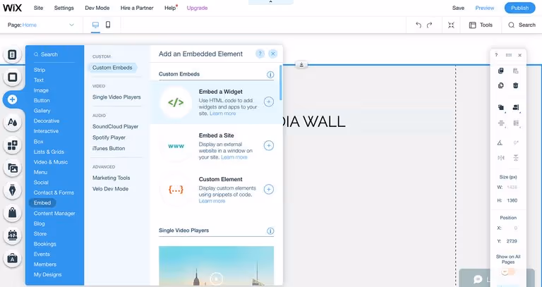 Embed Instagram feeds on Wix: Select Embed element