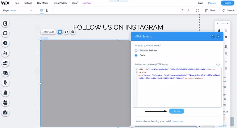 Embed Instagram feeds on Wix: Add Flockler’s embed code