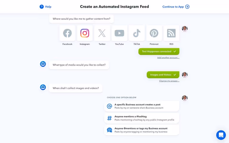 Selecting the source and content type for the Instagram feed on Flockler app