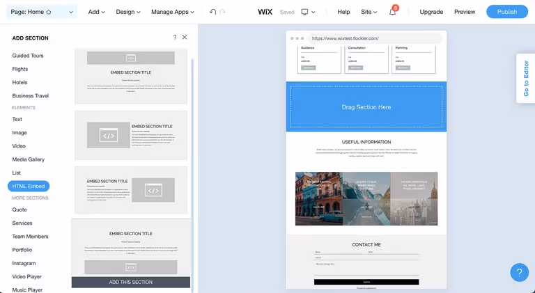 Embed Instagram feeds on Wix: Select 'HTML Embed'