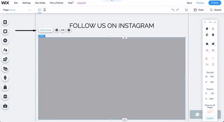 Embed Instagram feeds on Wix: Enter code