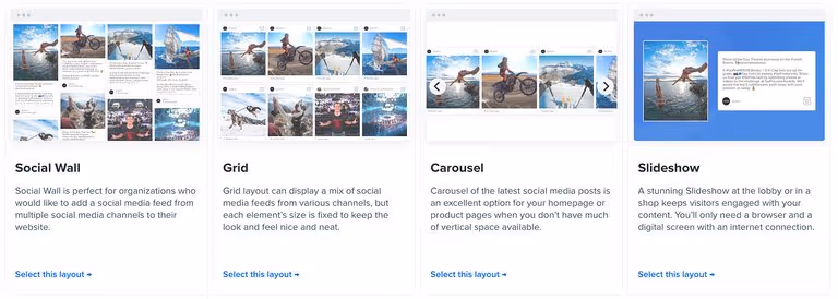 Flockler’s user interface to select a social media feed embed layout