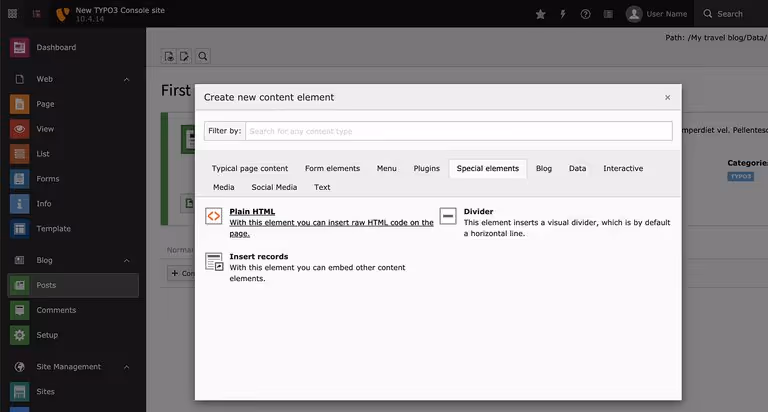 Adding a 'Plain HTML' element to a TYPO3 website