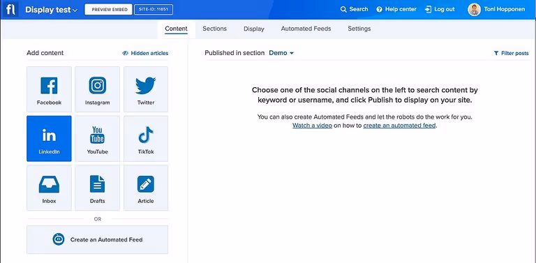 LinkedIn button on the Content tab