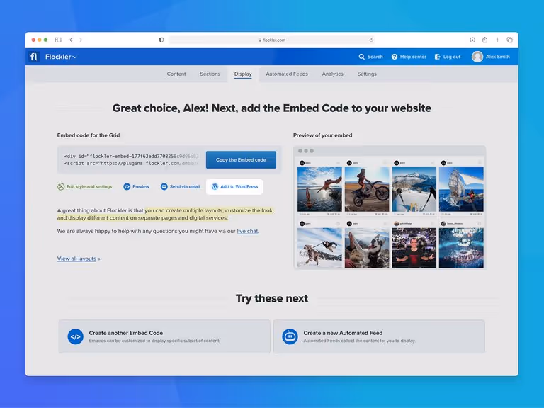 "Add to WordPress" button on the Flockler editorial tools