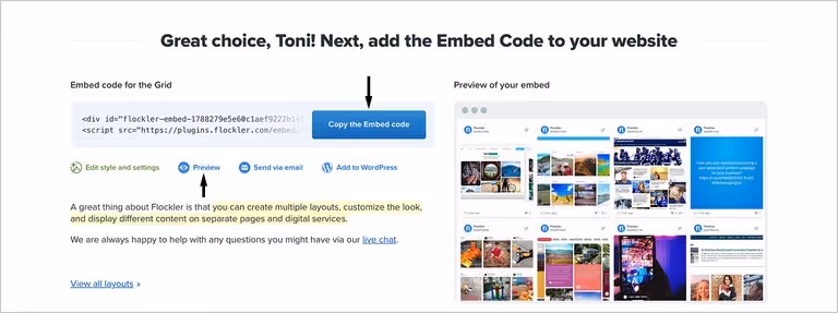 A Flockler embed code to show Instagram feeds on any website