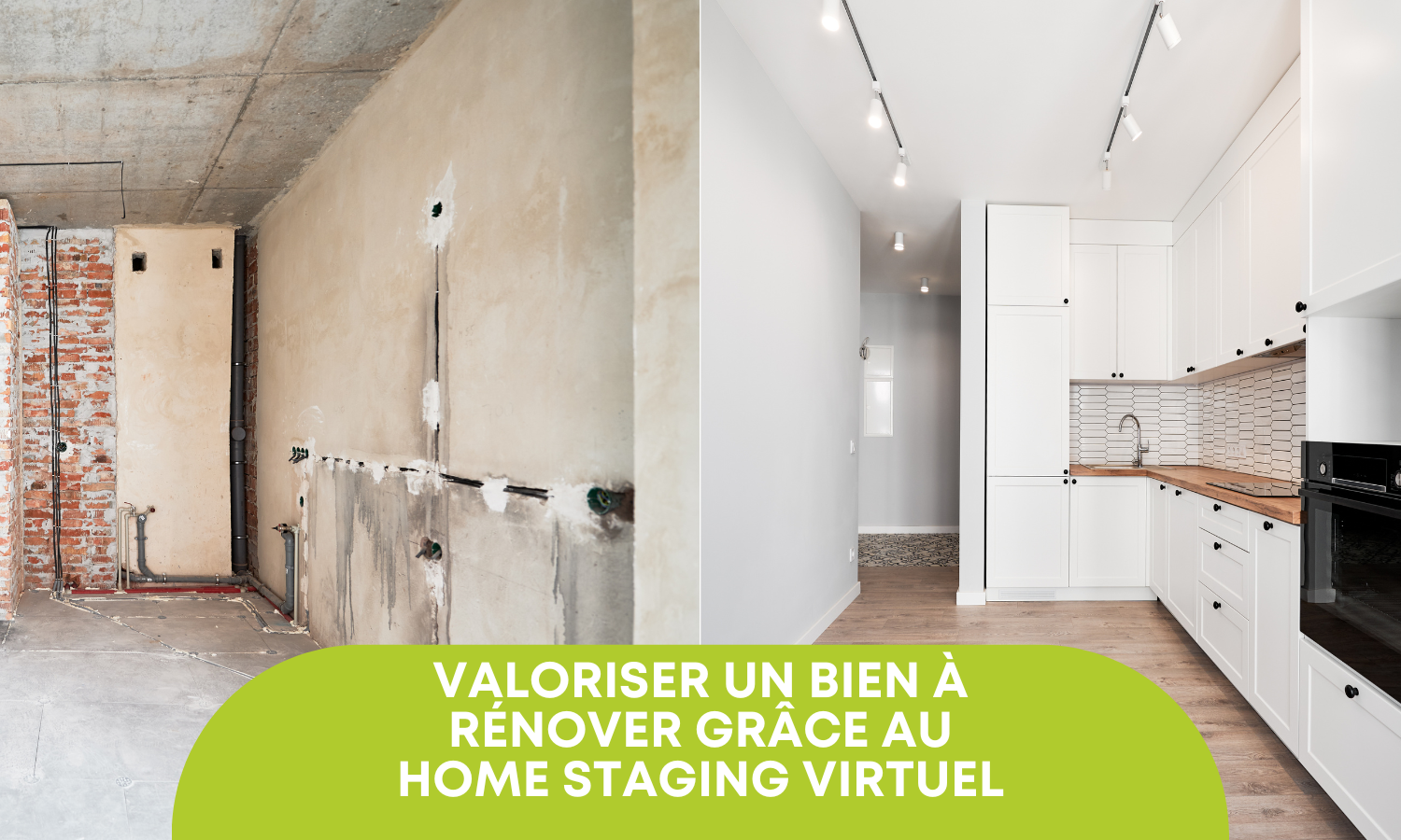 Un cuisine avec un visuel avant sans rénovation et après avec une rénovation virtuelle qui transforme l'espace.