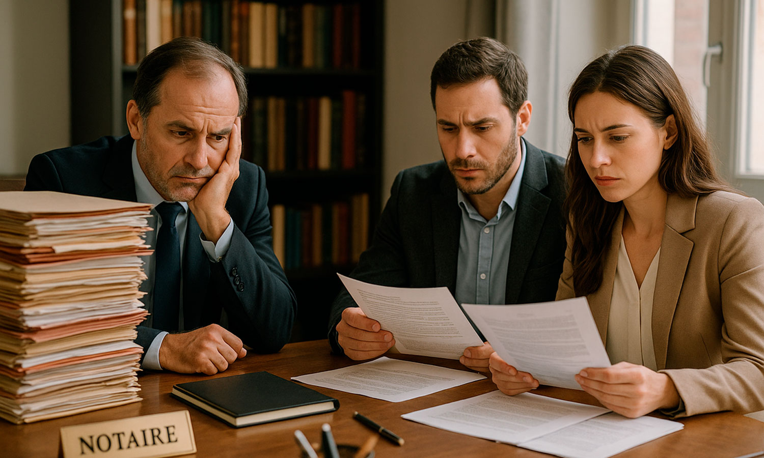 Notaire stressé face à une pile de dossiers tandis qu’un couple anxieux consulte des documents juridiques lors d’une transaction immobilière.