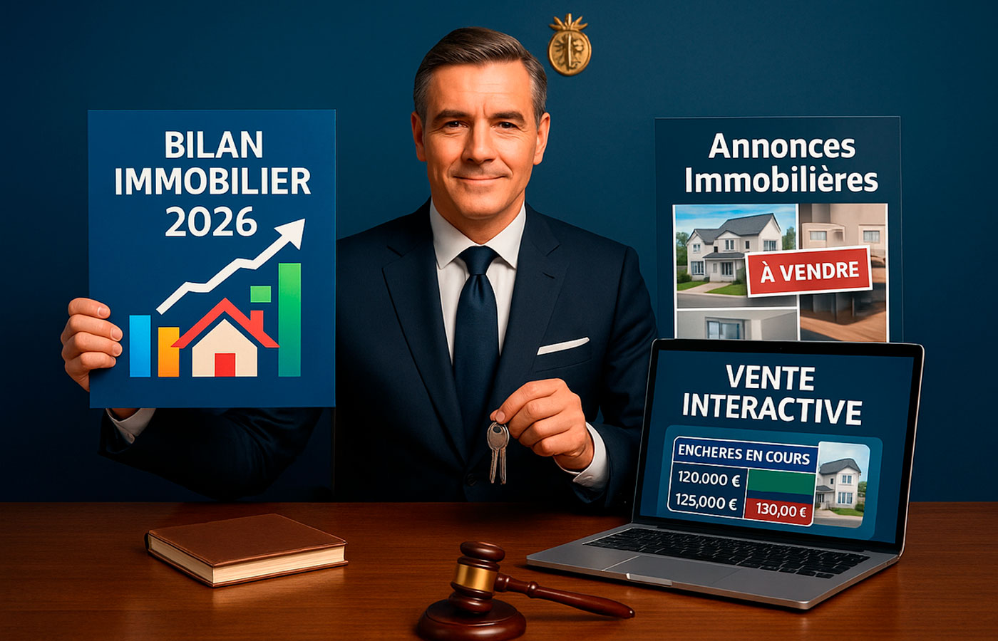Illustration d’un notaire présentant le bilan immobilier 2026, les annonces immobilières notariales et la vente interactive 36h-immo.