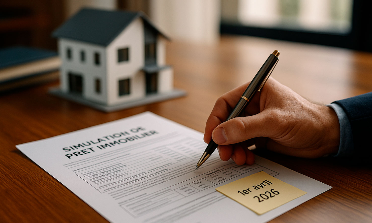 Simulation de prêt immobilier tenue en main avec stylo sur bureau, avec maison en arrière-plan flou, illustrant les changements du crédit immobilier au 1er avril 2026.