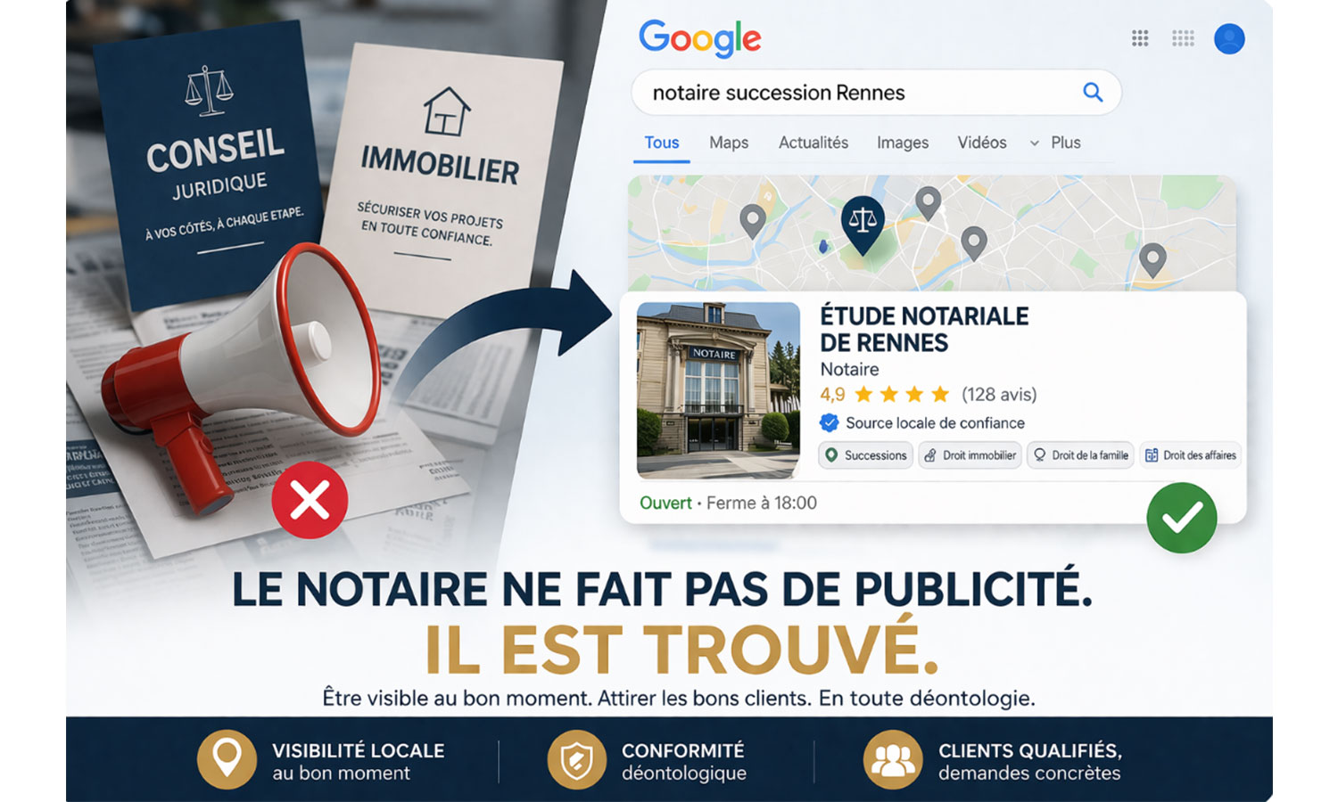 Visuel SEO notaire 2026 montrant la différence entre communication traditionnelle (conseil, immobilier) et visibilité sur Google avec une étude notariale bien positionnée en recherche locale