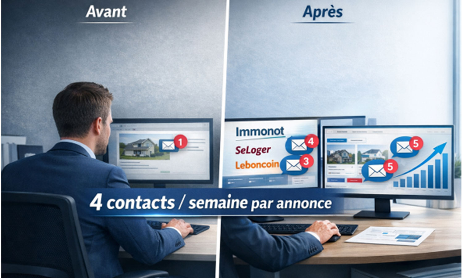Négociateur immobilier diffusant des annonces sur Immonot et plusieurs portails, générant plus de contacts et accélérant la vente des biens