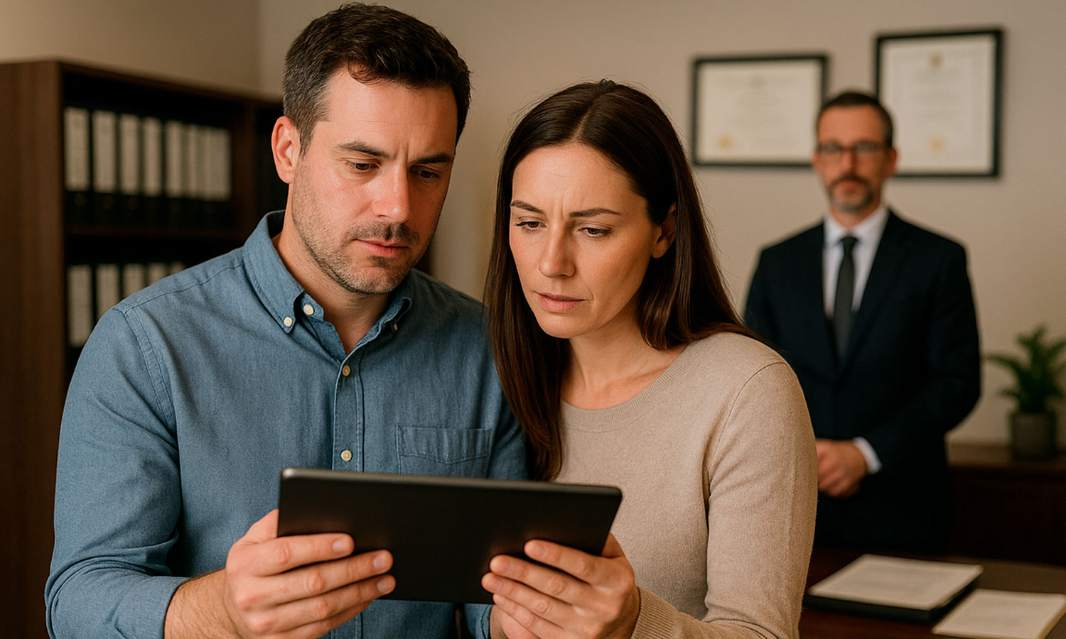 Un acquéreur seul ou en couple se tient au premier plan, concentré sur un écran ou une tablette, tandis qu’un notaire ou un collaborateur se trouve en arrière-plan dans un bureau, dans une ambiance professionnelle et moderne typique d’un office notarial.