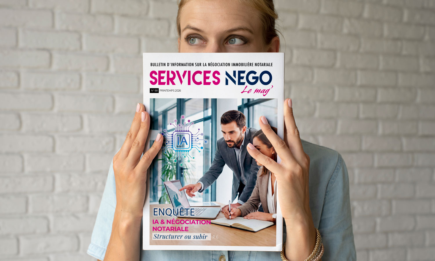 Couverture du magazine Services Négo n°88 Printemps 2026 - Enquête IA & Négociation Notariale