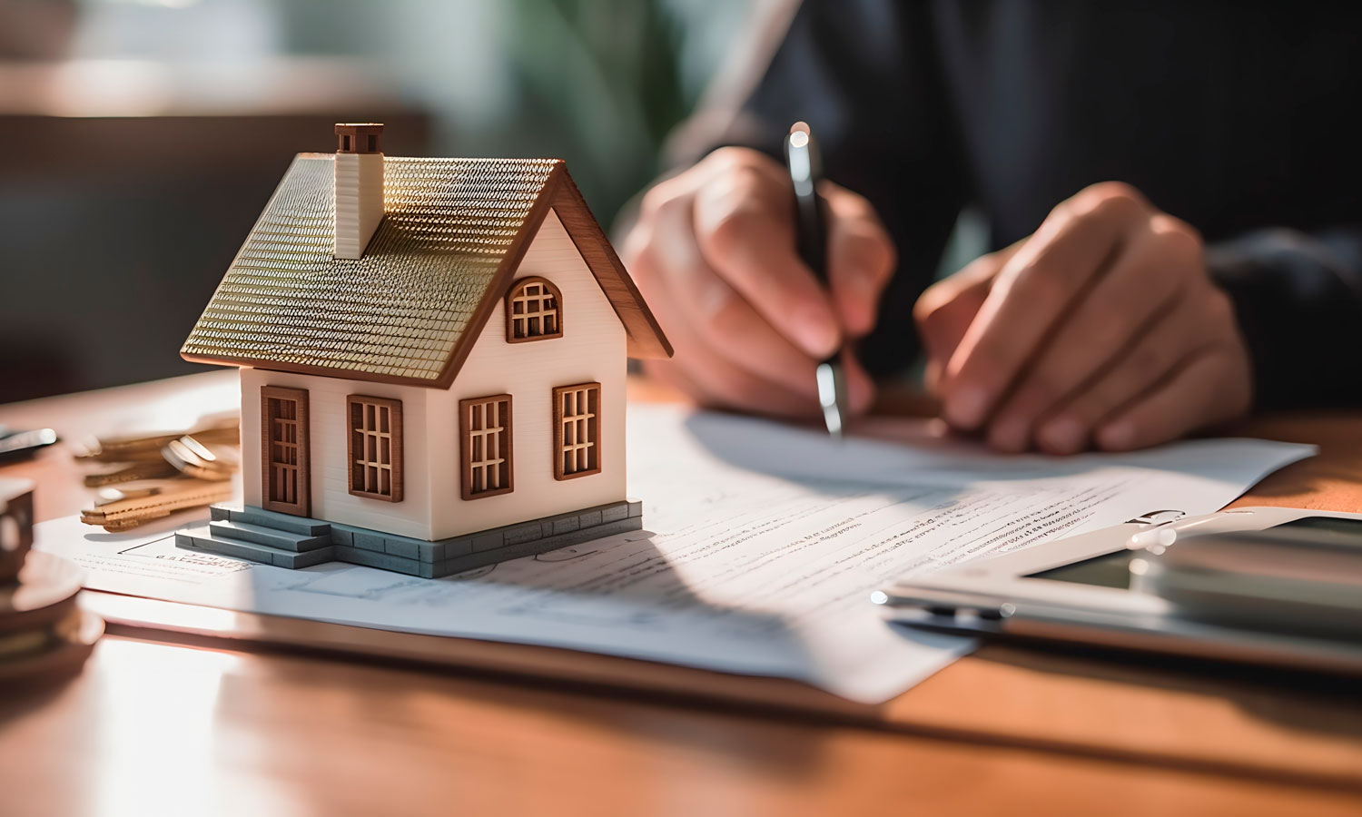 Une maquette de maison posée sur un bureau à côté de clés, avec en arrière-plan une personne signant des documents immobiliers.