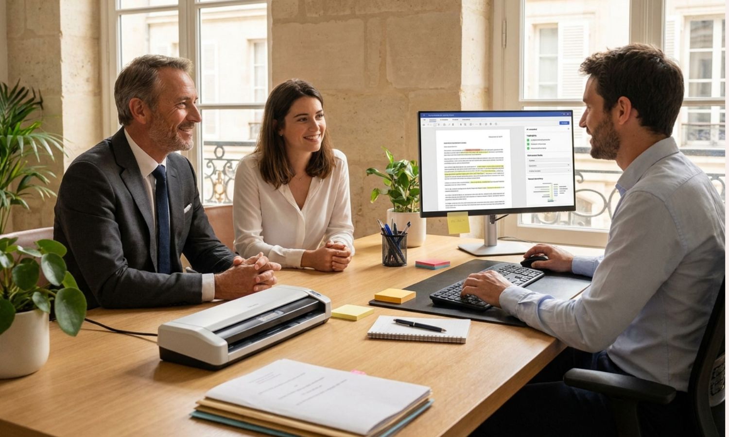 Réunion de travail sur l'IA entre un notaire et ses collaborateurs