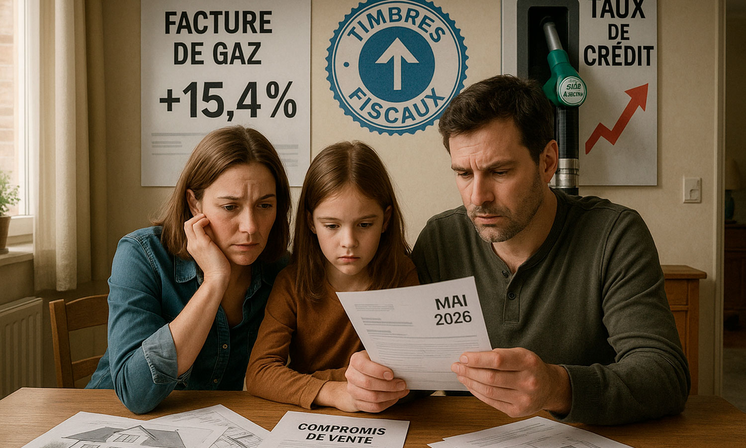 Famille française inquiète devant des factures, entourée de symboles de hausse : gaz +15,4 %, timbre fiscal, aide carburant, taux de crédit, et documents immobiliers sur la table.