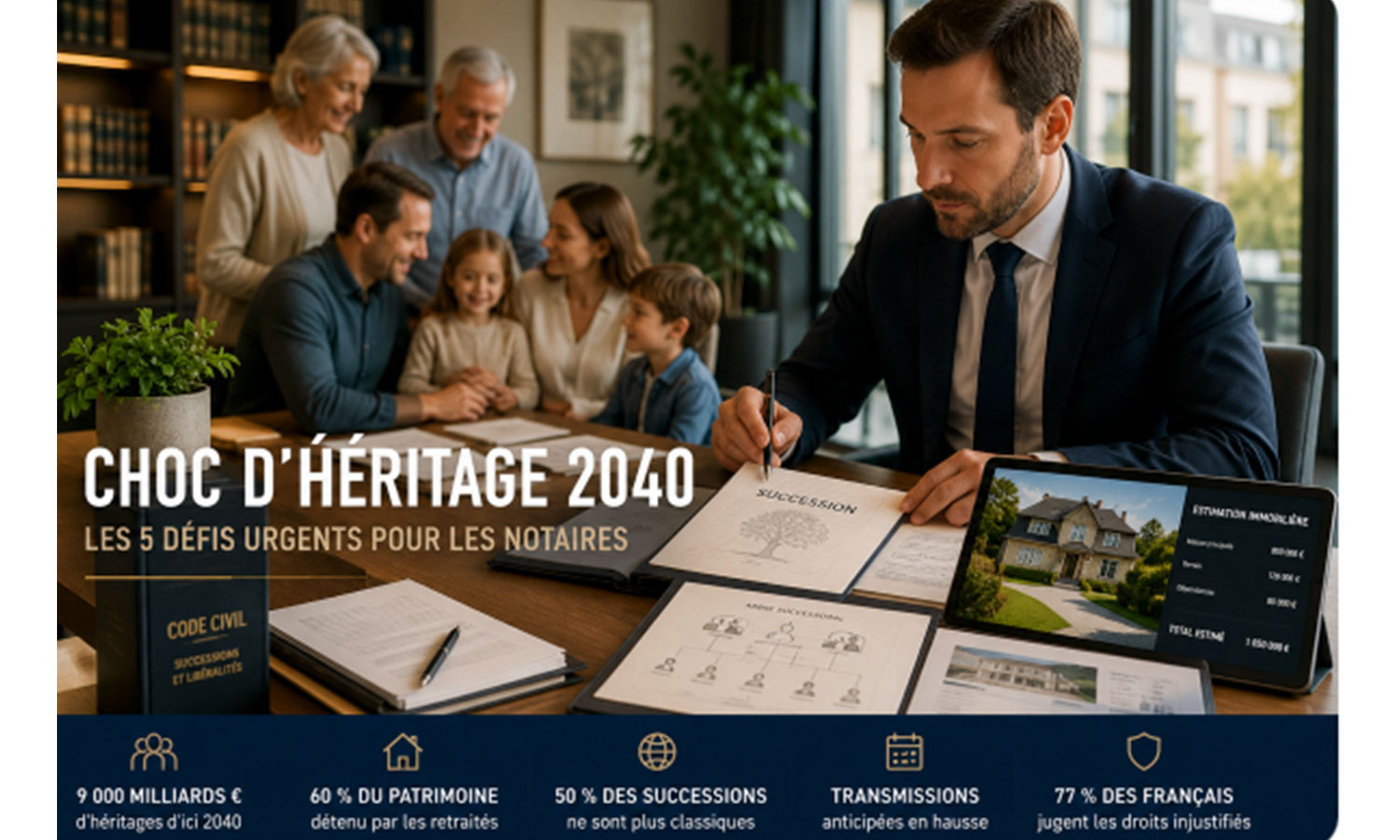Transmission de patrimoine immobilier et succession familiale illustrant les défis des études notariales face au choc d’héritage 2040.