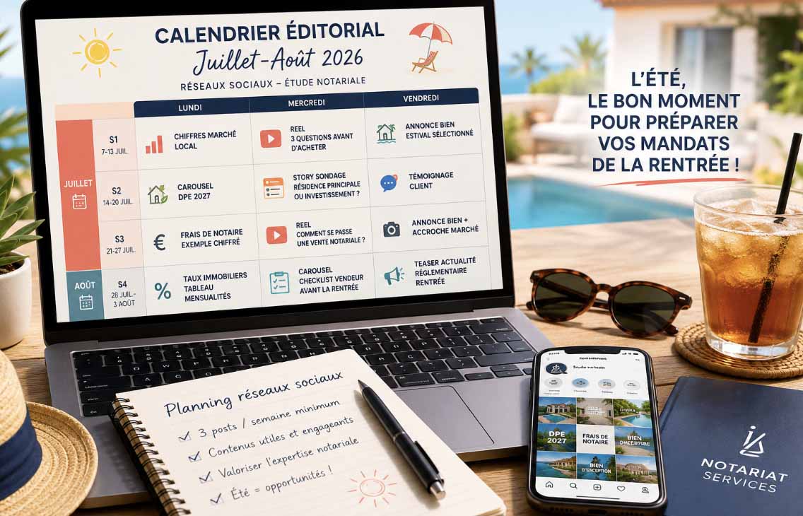 Ordinateur affichant un calendrier éditorial de juillet-août pour les réseaux sociaux d’une étude notariale, afin de préparer les publications immobilières de l’été.