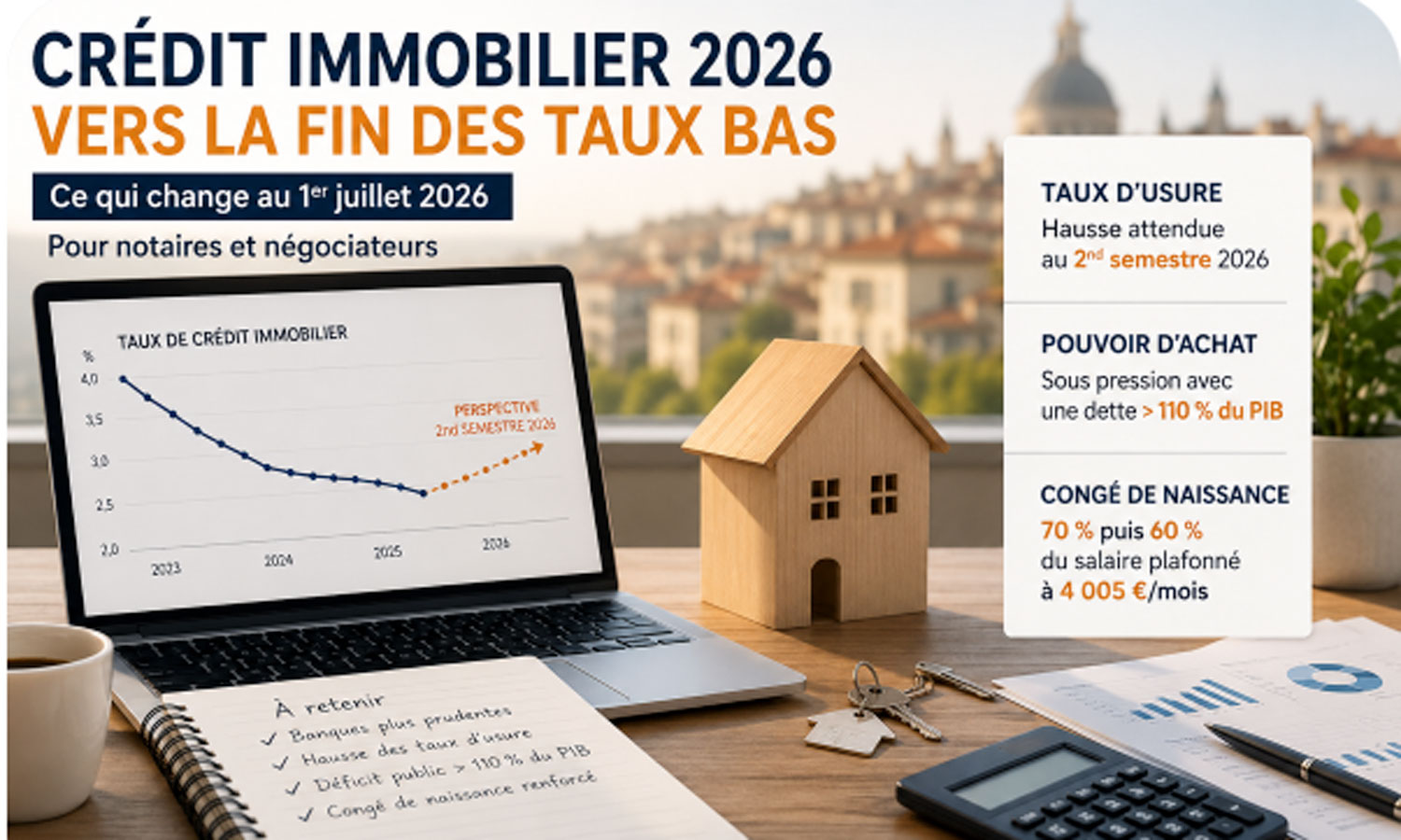 Illustration des évolutions du crédit immobilier en 2026 pour les notaires et négociateurs : taux d’usure, financement et pouvoir d’achat.