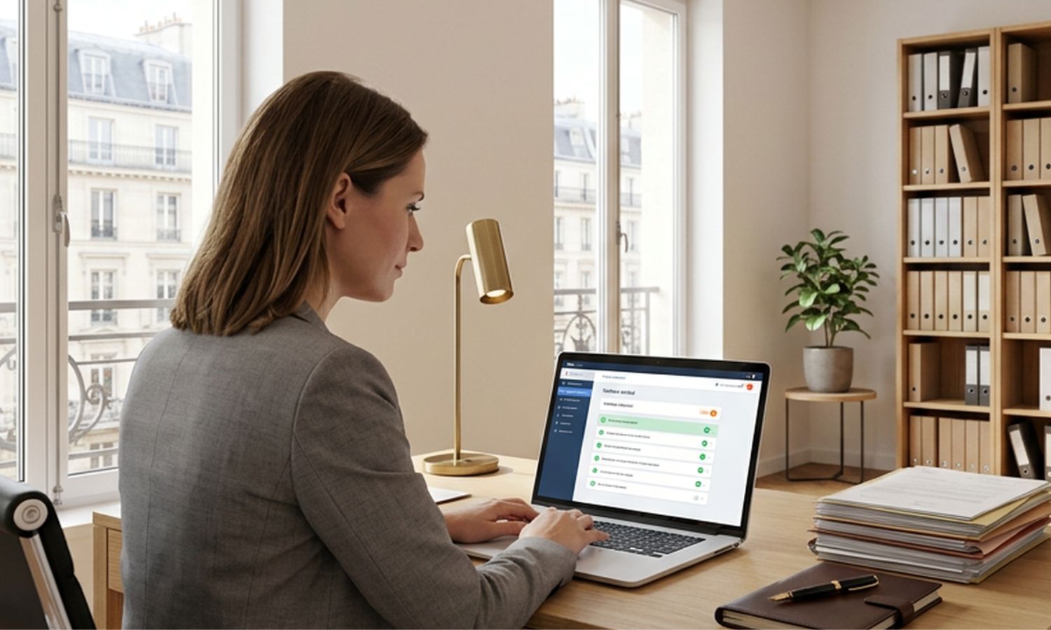 Notaire à son bureau vérifiant une liste de tâches automatiques sur son ordinateur