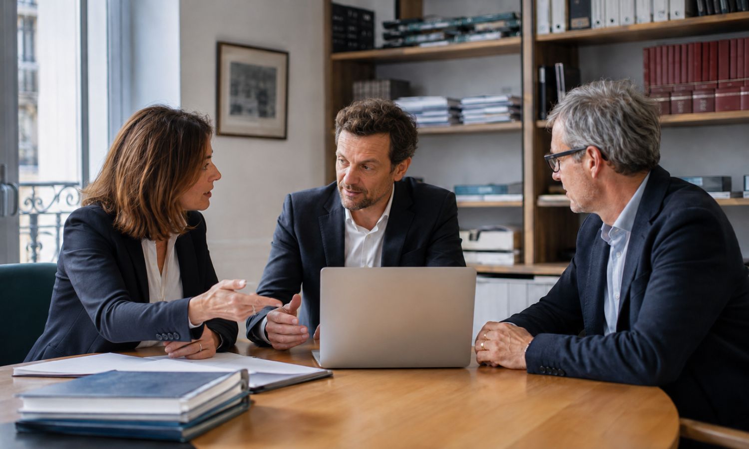 Réunion d'équipe en office notariale pour une formation IA