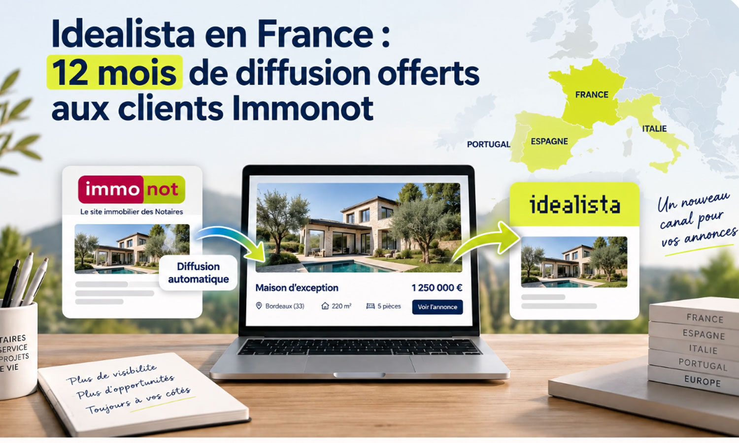 Diffusion automatique des annonces immobilières Immonot sur Idealista France avec 12 mois offerts aux études clientes Immonot.
