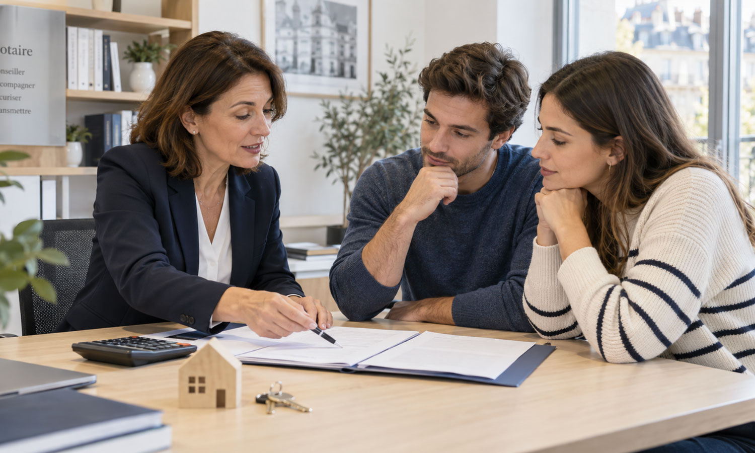 Une conseillère et un couple d’acquéreurs étudient un dossier de financement immobilier dans une étude notariale.