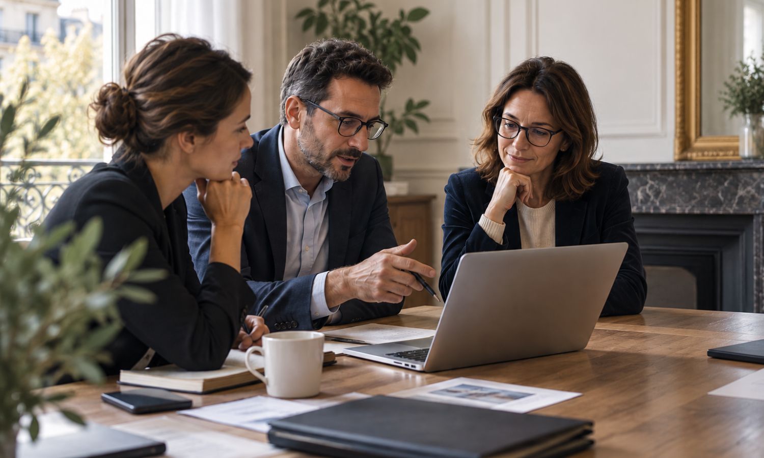 Réunion stratégique sur l'IA dans un office notarial