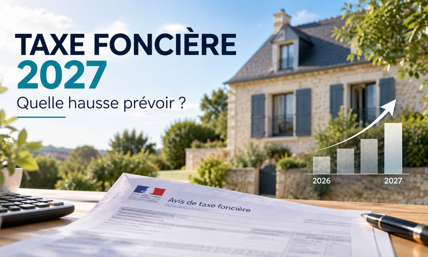 Avis de taxe foncière 2027 posé sur un bureau, avec calculatrice et graphique de hausse entre 2026 et 2027.