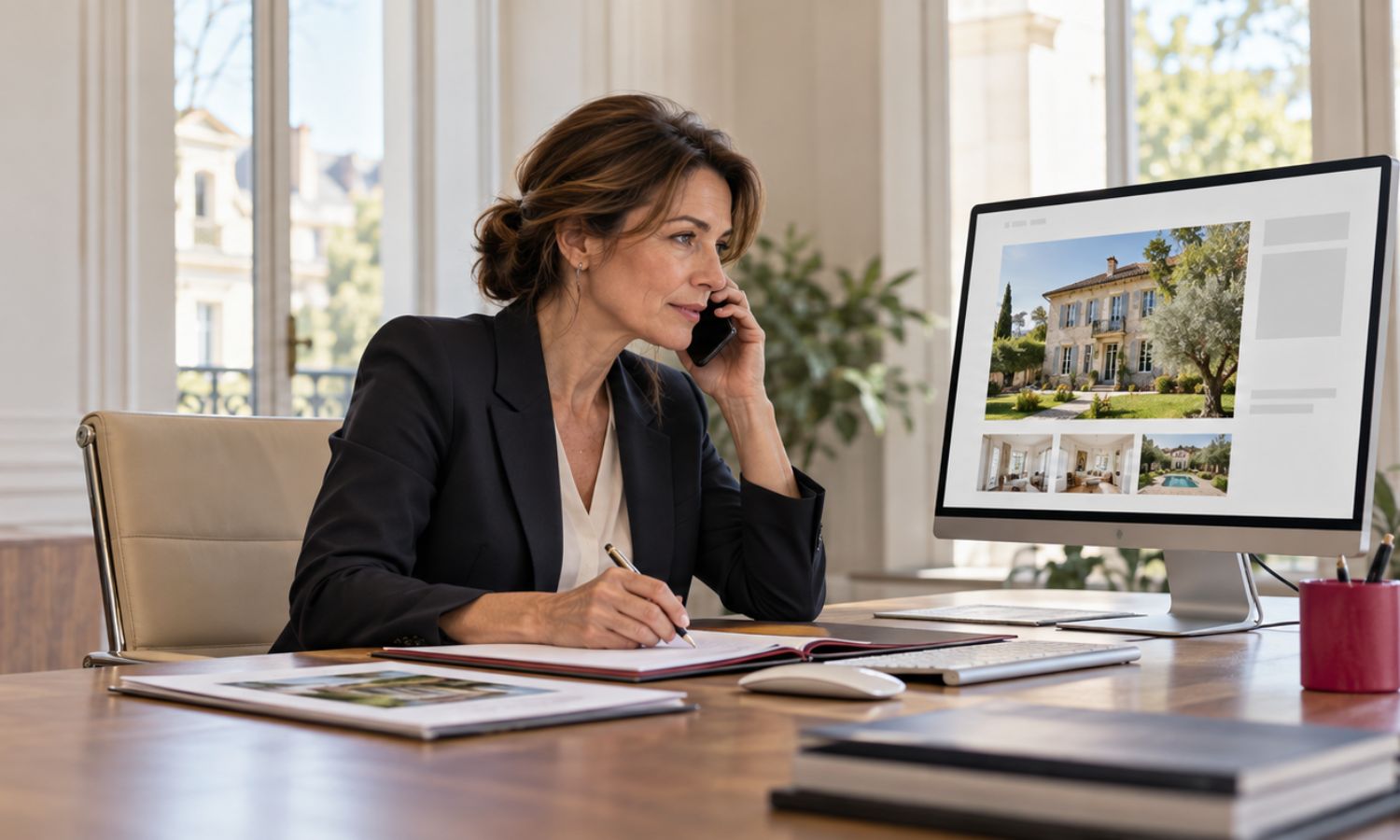 Négociatrice immobilière en office au téléphone avec un contact acquéreur