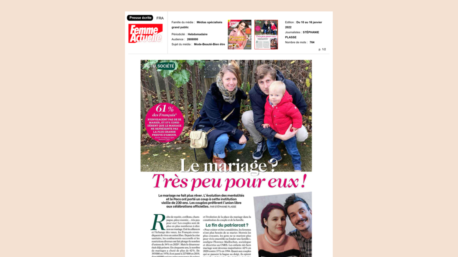 Article du magazine Femme Actuelle : « Le mariage ? Très peu pour eux ! »